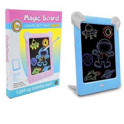 LED Luminous Drawing Board for Kids' Light Painting and Messaging showing pink boxed magic board and blue light-up drawing pad with astronaut doodles