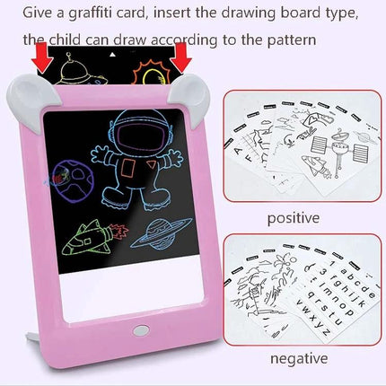 LED Luminous Drawing Board for Kids' Light Painting and Messaging - pink light-up drawing board with graffiti cards and color pen drawings