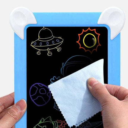 LED Luminous Drawing Board for Kids' Light Painting and Messaging showing a child wiping colorful light-drawn UFO and sun on reusable board