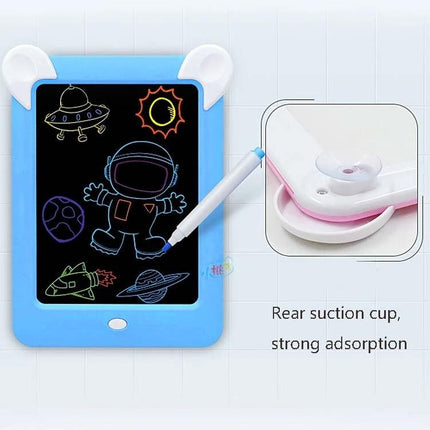 LED Luminous Drawing Board for Kids' Light Painting and Messaging showing blue board with colorful astronaut light drawings and stylus
