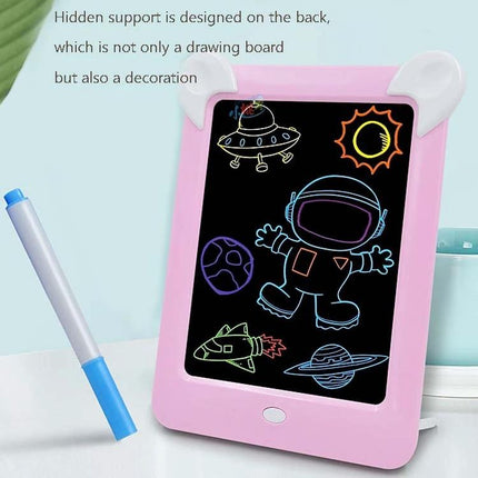 LED Luminous Drawing Board for Kids' Light Painting and Messaging - pink frame with space-themed light painting and color pen