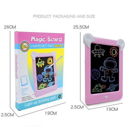 LED Luminous Drawing Board for Kids' Light Painting and Messaging pink magic board with packaging and dimensions shown