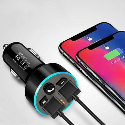 Halo Car MP3 Bluetooth Charger and FM Transmitter Elegant Black connected to two smartphones charging and streaming audio via USB and Bluetooth