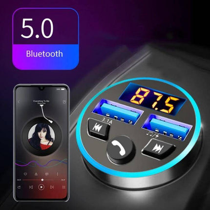 Halo Car MP3 Bluetooth Charger and FM Transmitter Elegant Black showing dual USB ports, LED frequency display and Bluetooth 5.0 control