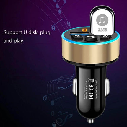 Halo Car MP3 Bluetooth Charger and FM Transmitter Elegant Black showing USB drive slot, control buttons and dual charging ports