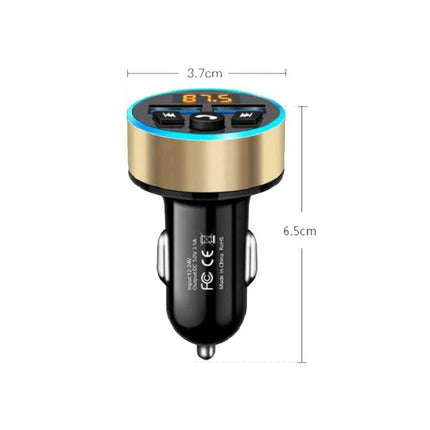 Halo Car MP3 Bluetooth Charger and FM Transmitter Elegant Black showing compact gold-and-black FM transmitter with digital display and USB ports