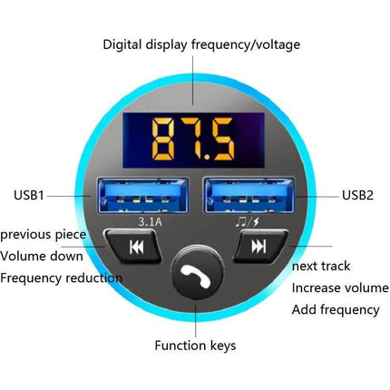 Halo Car MP3 Bluetooth Charger and FM Transmitter Elegant Black showing dual USB ports, digital frequency display and function keys