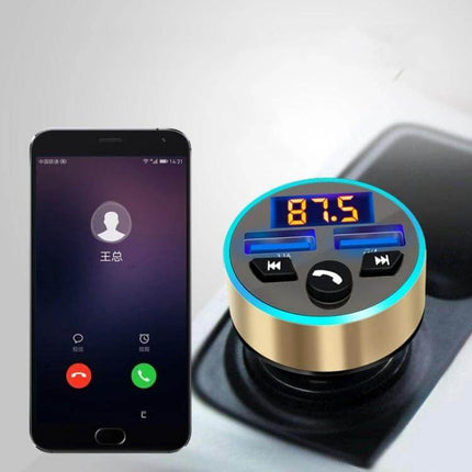 Halo Car MP3 Bluetooth Charger and FM Transmitter Elegant Black plugged in car cup holder beside smartphone showing call and 87.5 FM display