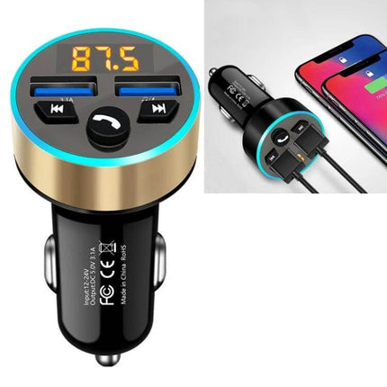 Halo Car MP3 Bluetooth Charger and FM Transmitter Elegant Black shown plugged into car cigarette lighter with dual USB ports, LED display and phone charging