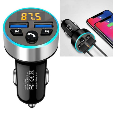 Halo Car MP3 Bluetooth Charger and FM Transmitter Elegant Black compact car charger with dual USB ports, LED display showing 87.5, and Bluetooth audio controls
