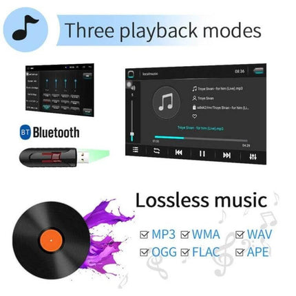 Android Car Navigation System with 9-Inch Reversing Display showing Bluetooth lossless music playback modes and 1024x600 screen