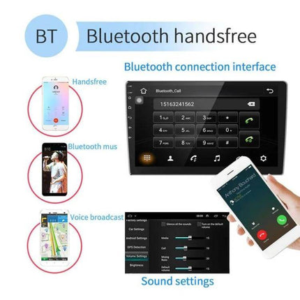 Android Car Navigation System with 9-Inch Reversing Display showing Bluetooth handsfree call, music streaming and sound settings on 9-inch screen