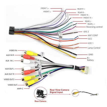 Android Car Navigation System with 9-Inch Reversing Display wiring harness and labelled RCA video and audio cables for rear camera input