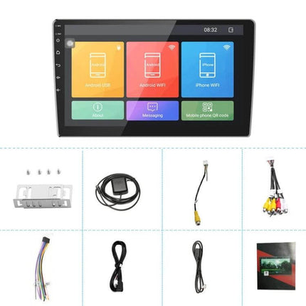 Android Car Navigation System with 9-Inch Reversing Display showing 9-inch touchscreen and installation accessories
