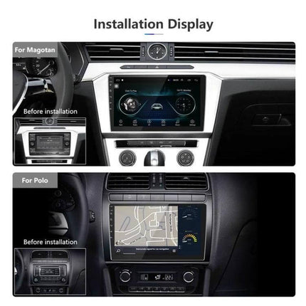 Android Car Navigation System with 9-Inch Reversing Display installed in Magotan and Polo dashboards showing map and media on 9-inch 1024x600 screen