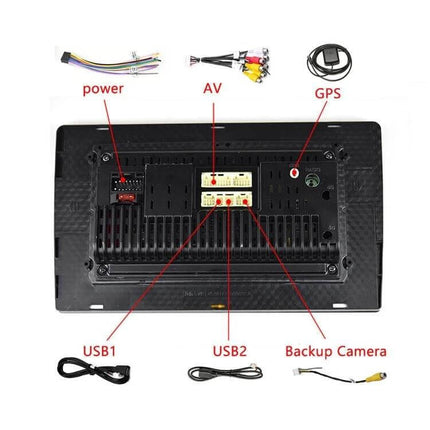 Android Car Navigation System with 9-Inch Reversing Display rear panel showing power, AV, GPS, USB1, USB2 and backup camera connectors