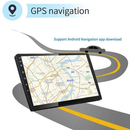 Android Car Navigation System with 9-Inch Reversing Display showing 9-inch GPS map, Bluetooth music and hands-free call features