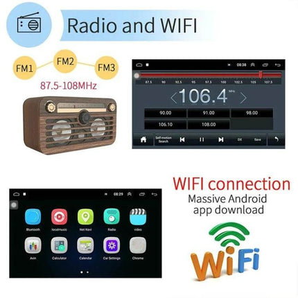 Android Car Navigation System with 9-Inch Reversing Display showing radio, WiFi, app icons and 106.4 FM tuning on 1024x600 screen
