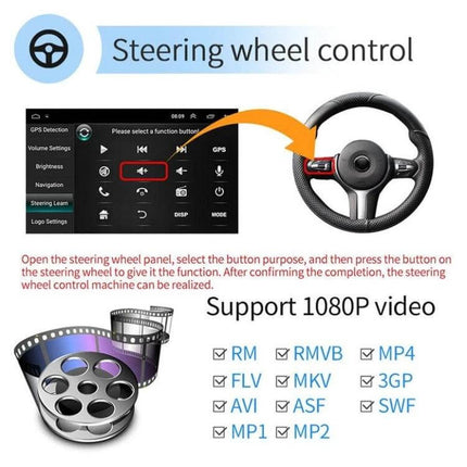 Android Car Navigation System with 9-Inch Reversing Display showing steering wheel control setup and 1080P video format support