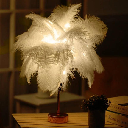 Ostrich Feather Table Lamp for Cozy Home Bedroom Decor - ambient bedside feather lamp with warm glow and adjustable wire