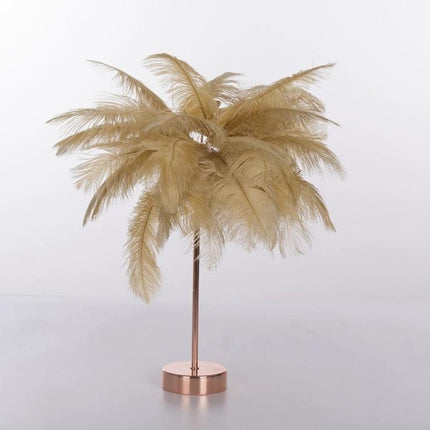 Ostrich Feather Table Lamp for Cozy Home Bedroom Decor - soft beige ostrich feather bedside lamp with adjustable bendable wire and rose gold base