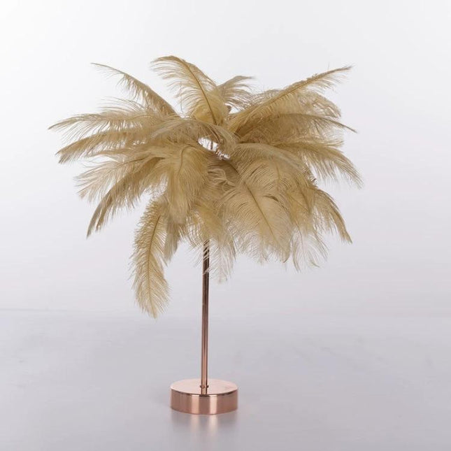Ostrich Feather Table Lamp for Cozy Home Bedroom Decor - soft beige ostrich feather bedside lamp with adjustable bendable wire and rose gold base