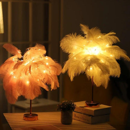 Ostrich Feather Table Lamp for Cozy Home Bedroom Decor - soft bedside ambient feather lamp with warm LED lights