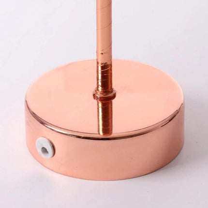 Ostrich Feather Table Lamp for Cozy Home Bedroom Decor - copper base close-up showing cord port and bent wire stem