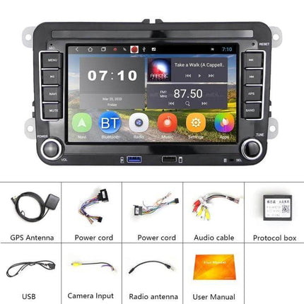 7-Inch Volkswagen Car Multimedia Player with Bluetooth and Navigation showing 7-inch touchscreen, Bluetooth, GPS, cables and accessories