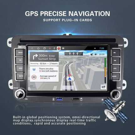 7-Inch Volkswagen Car Multimedia Player with Bluetooth and Navigation showing GPS map on 7-inch touchscreen, Bluetooth icons and navigation interface
