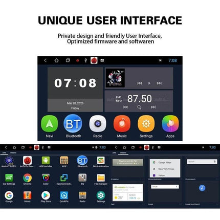 7-Inch Volkswagen Car Multimedia Player with Bluetooth and Navigation showing unique user interface touchscreen with navigation, Bluetooth, radio and apps