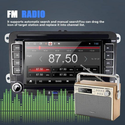 7-Inch Volkswagen Car Multimedia Player with Bluetooth and Navigation touchscreen showing FM radio 87.50 and Bluetooth icon