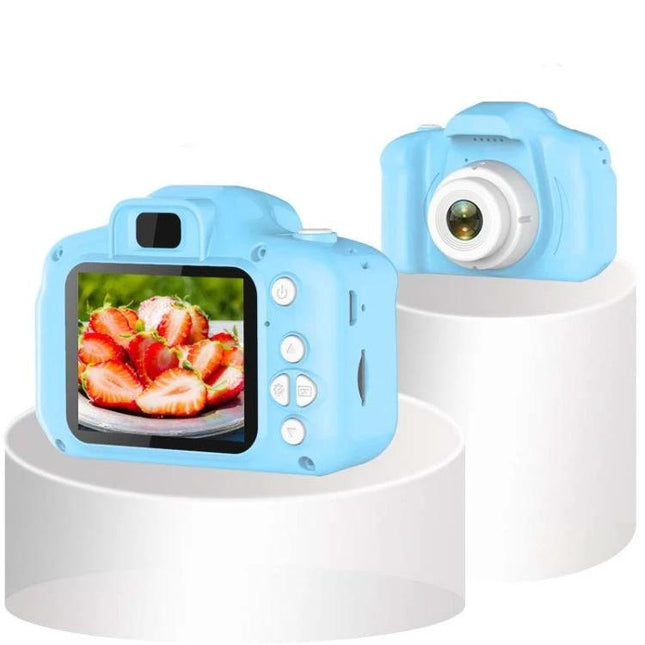 Children's Portable Digital Camera Toy for Creative Play - blue kid-friendly camera with 2.0-inch HD screen showing fruit photo
