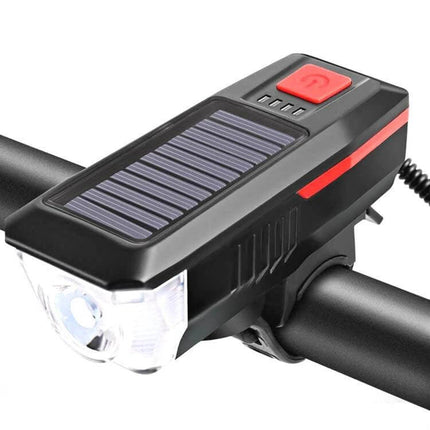 Bicycle Solar Headlight With Horn For Night Riding compact ABS unit with solar panel, red power button and silicone strap mounted on handlebars