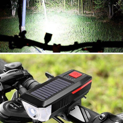 Bicycle Solar Headlight With Horn For Night Riding compact solar-USB T6 LED bike light with horn and silicone strap (145g)
