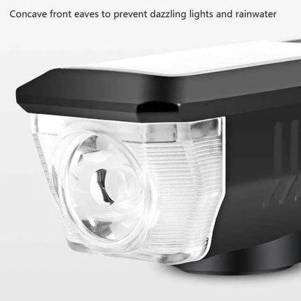 Bicycle Solar Headlight With Horn For Night Riding – close-up of ABS housing, T6 LED lens and concave front eaves to prevent dazzling and rainwater