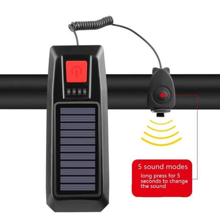 Bicycle Solar Headlight With Horn For Night Riding compact ABS solar headlight with horn, silicone strap, T6 LED, USB charging, 5 sound modes, 145g