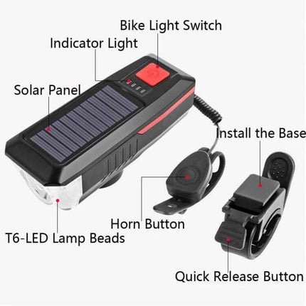 Bicycle Solar Headlight With Horn For Night Riding compact T6 LED lamp with solar panel, horn button and quick-release mount