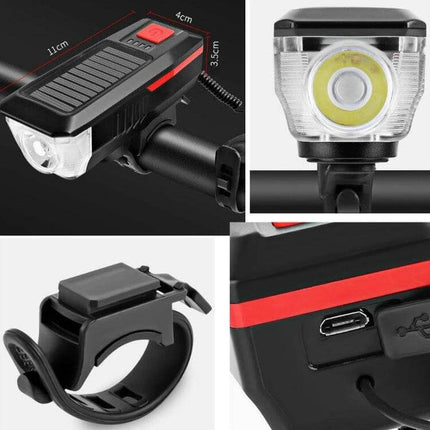 Bicycle Solar Headlight With Horn For Night Riding compact T6 LED solar+USB front light with silicone strap and handlebar mount
