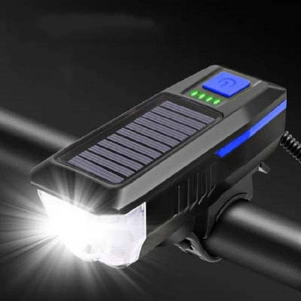 Bicycle Solar Headlight With Horn For Night Riding - compact ABS light with solar panel, T6 LED beam, silicone strap and USB charging mounted on handlebar