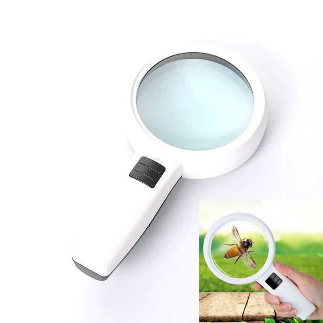 Handheld Magnifying Glass with LED Light for Elderly Reading showing white ergonomic design and bright LED for clear text and close-up viewing