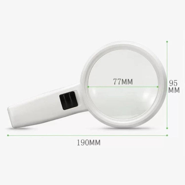 Handheld Magnifying Glass with LED Light for Elderly Reading showing 77mm lens and 190mm length with built-in LED illumination