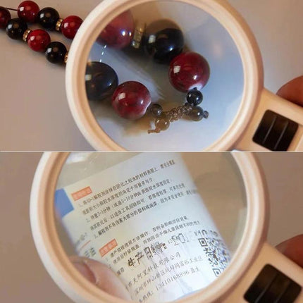 Handheld Magnifying Glass with LED Light for Elderly Reading showing clear magnified text and jewelry details in dim light