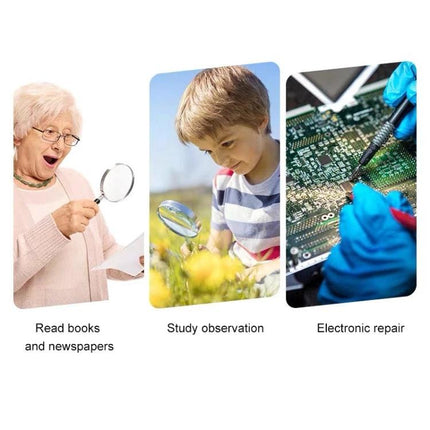 Handheld Magnifying Glass with LED Light for Elderly Reading showing senior reading, child observing flowers, and electronic repair