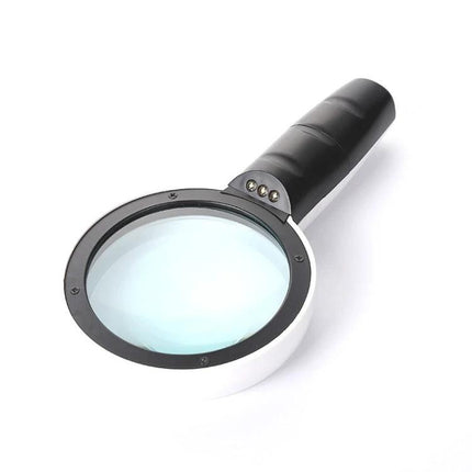 Handheld Magnifying Glass with LED Light for Elderly Reading, black ergonomic handle and built-in LEDs for reading small print