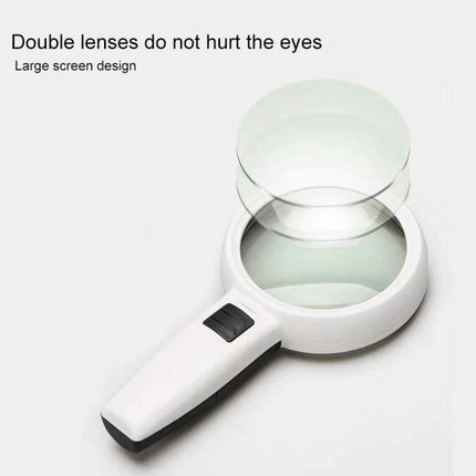 Handheld Magnifying Glass with LED Light for Elderly Reading, white double-lens design with LED and ergonomic handle