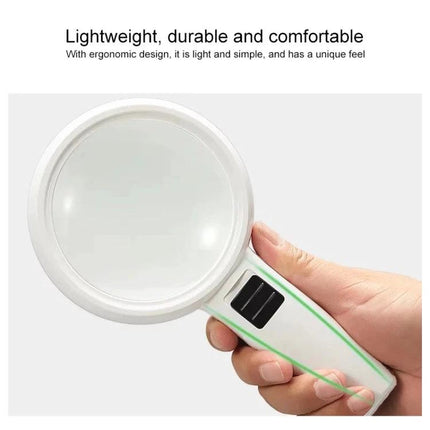 Handheld Magnifying Glass with LED Light for Elderly Reading showing ergonomic white magnifier with LEDs held in hand