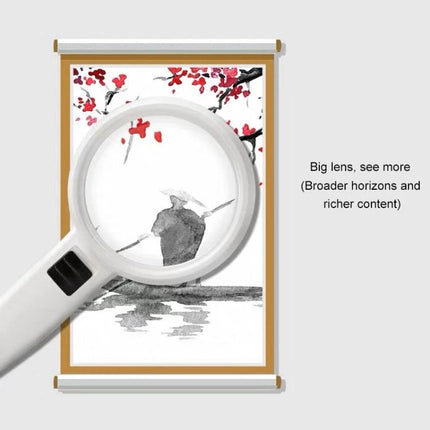 Handheld Magnifying Glass with LED Light for Elderly Reading showing large lens magnifying book text with gentle LED illumination