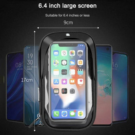 Mountain Bike Phone Holder With Touch Screen Mount showing 17x9cm TPU enclosure fit for 4.5–6.4in phones, waterproof laminated touch film, handlebar mount