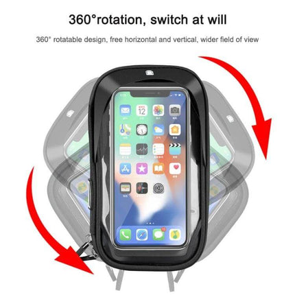 Mountain Bike Phone Holder With Touch Screen Mount showing 360° rotatable waterproof TPU phone enclosure on handlebars, touch-screen usable with gloves